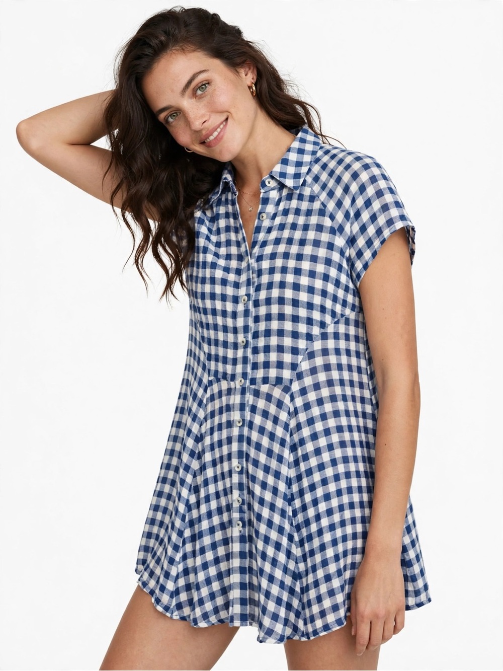Free People Small Blue White Gingham Plaid Shirt Dress Button Front Boho Casual